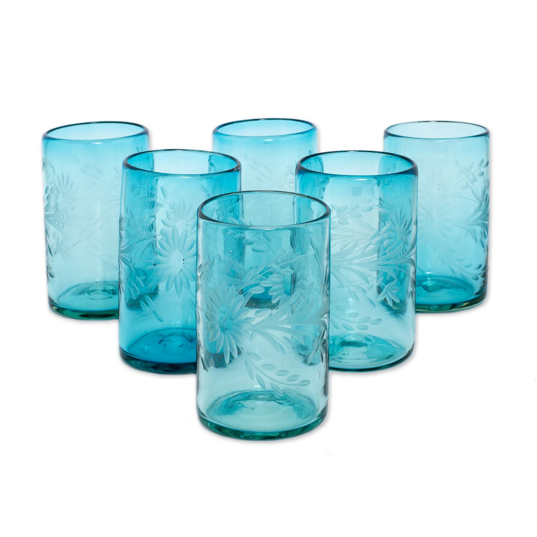 Fair Trade Mexican Handblown Glass Recycled Blue Tumblers - Aquamarine Flowers