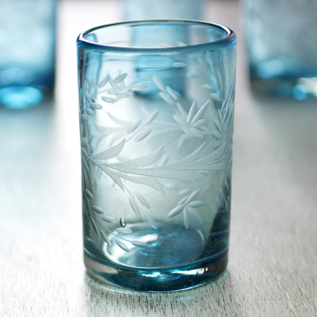 Fair Trade Mexican Handblown Glass Recycled Blue Tumblers - Aquamarine Flowers