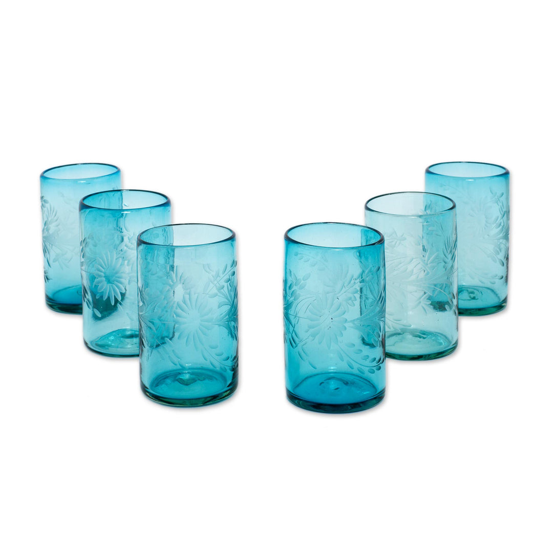Fair Trade Mexican Handblown Glass Recycled Blue Tumblers - Aquamarine Flowers