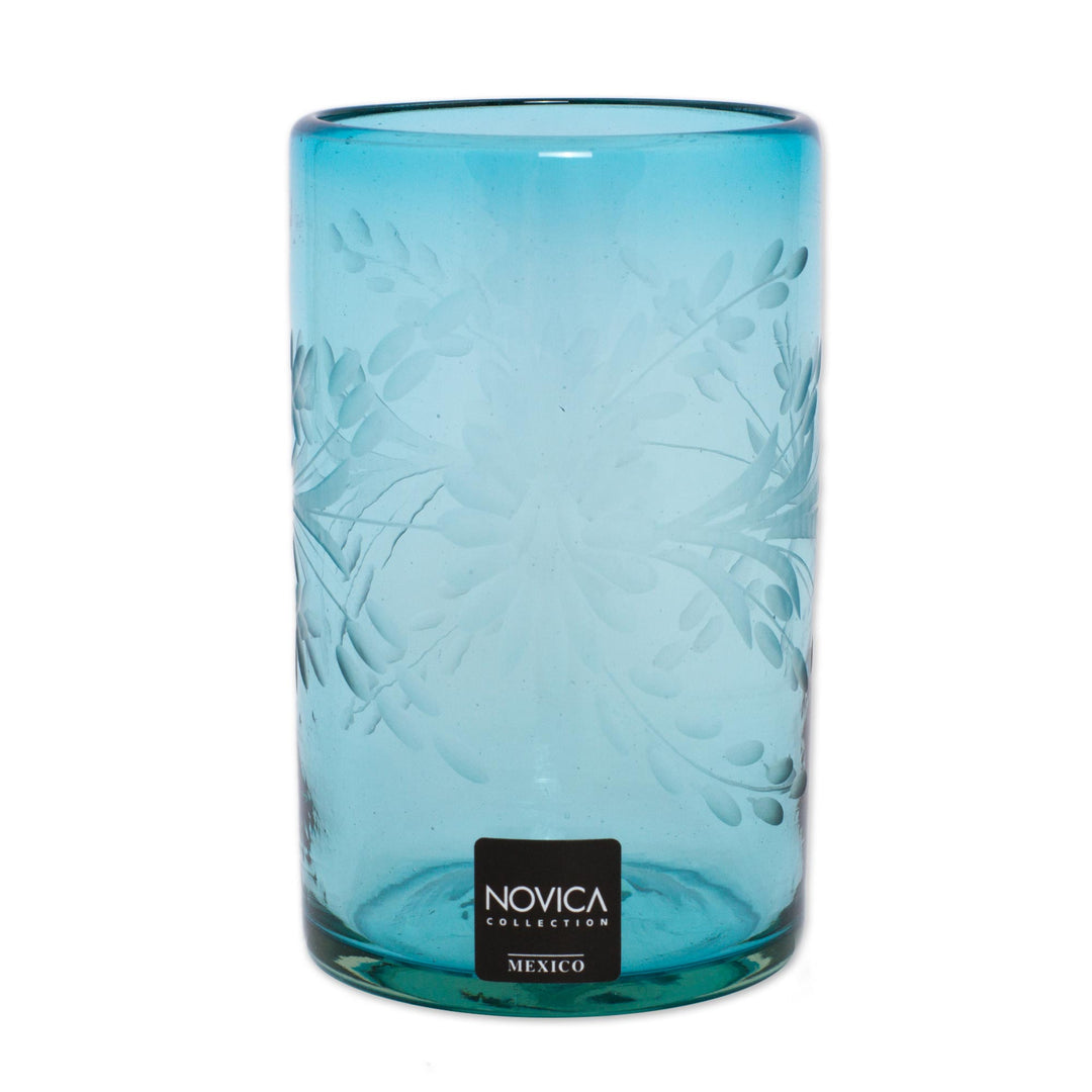 Fair Trade Mexican Handblown Glass Recycled Blue Tumblers - Aquamarine Flowers