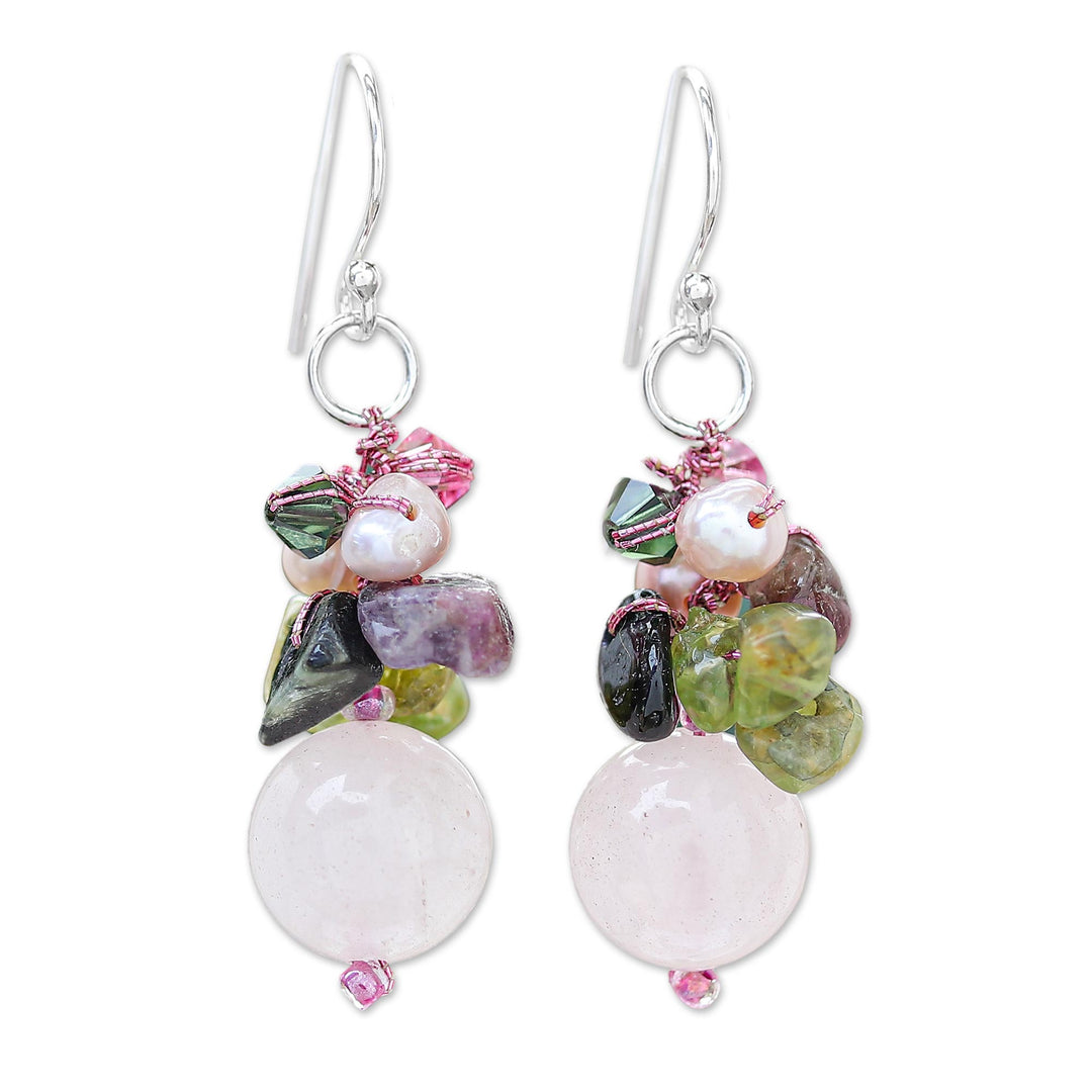 Rose Quartz and Pearl Cluster Earrings - Petal Romance