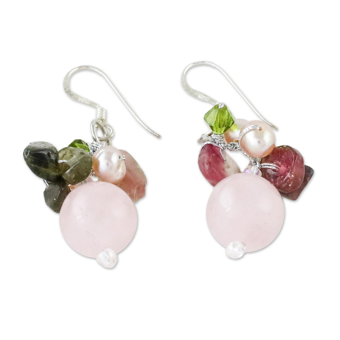 Rose Quartz and Pearl Cluster Earrings - Petal Romance