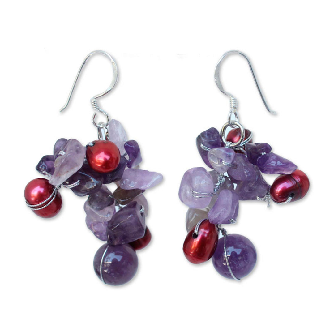 Fair Trade Amethyst and Pearl Cluster Earrings - Jungle Orchid
