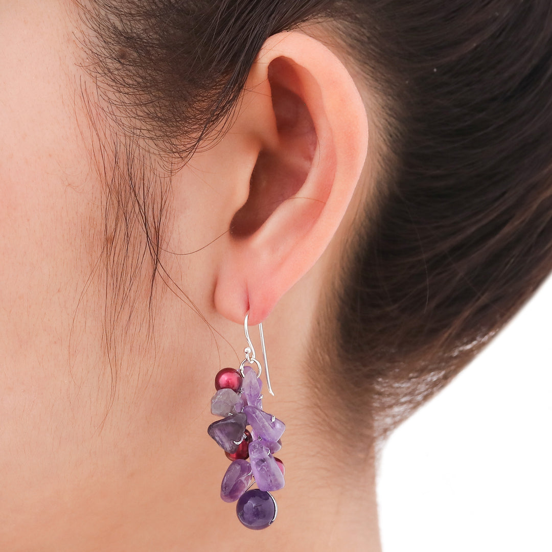 Fair Trade Amethyst and Pearl Cluster Earrings - Jungle Orchid
