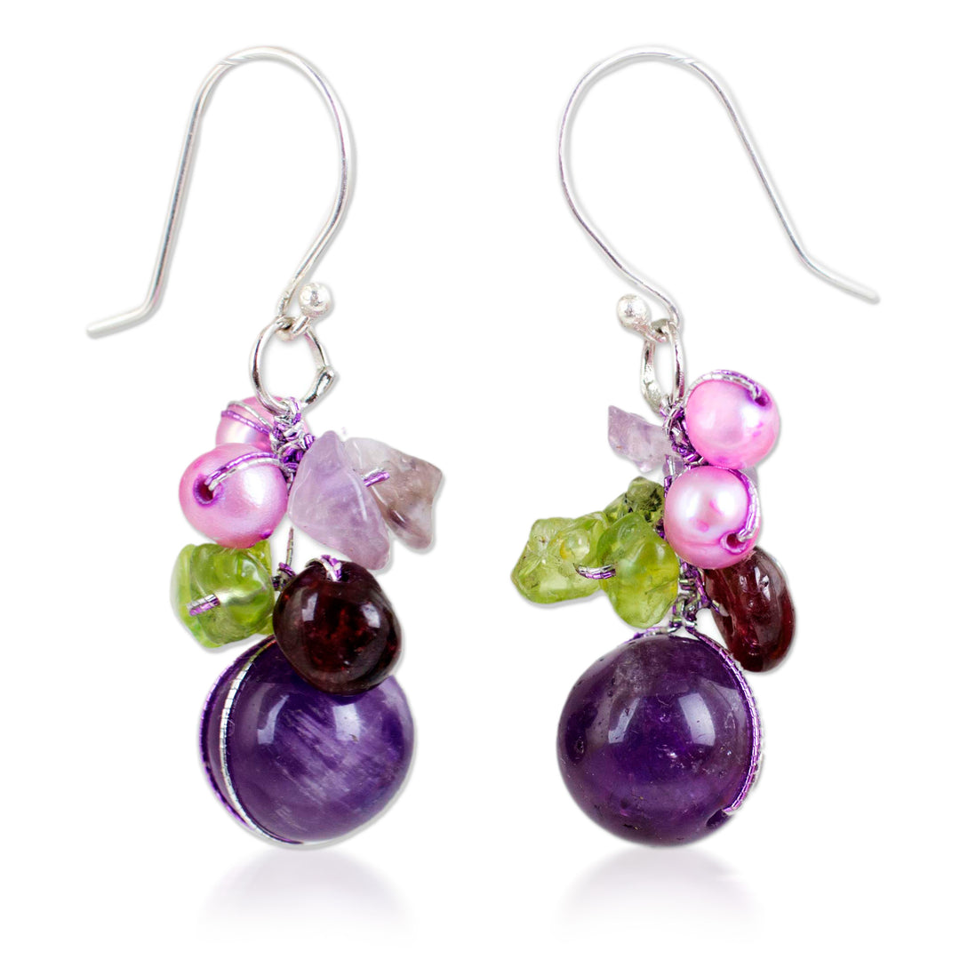 Handcrafted Amethyst and Pearl Dangle Earrings - Bright Bouquet