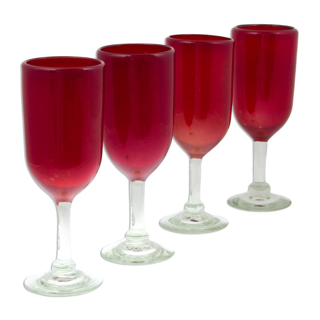 Hand Made Handblown Red Glass Champagne Flute Drinkware Set - Festive Ruby