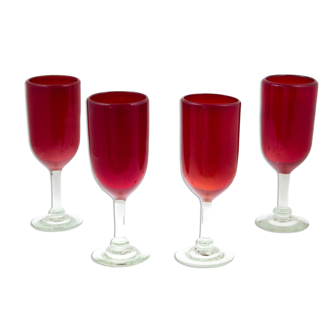 Hand Made Handblown Red Glass Champagne Flute Drinkware Set - Festive Ruby