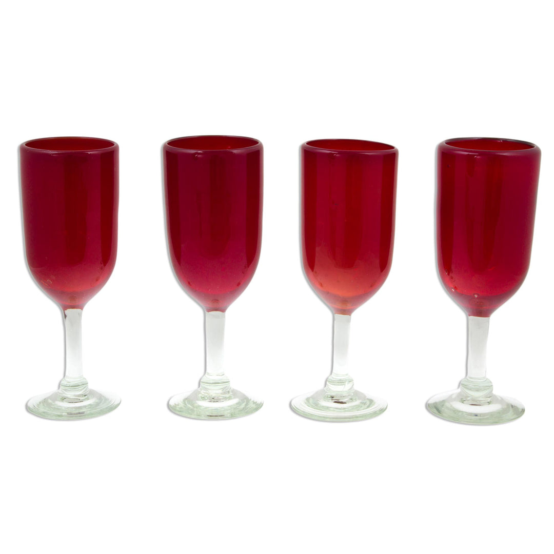 Hand Made Handblown Red Glass Champagne Flute Drinkware Set - Festive Ruby