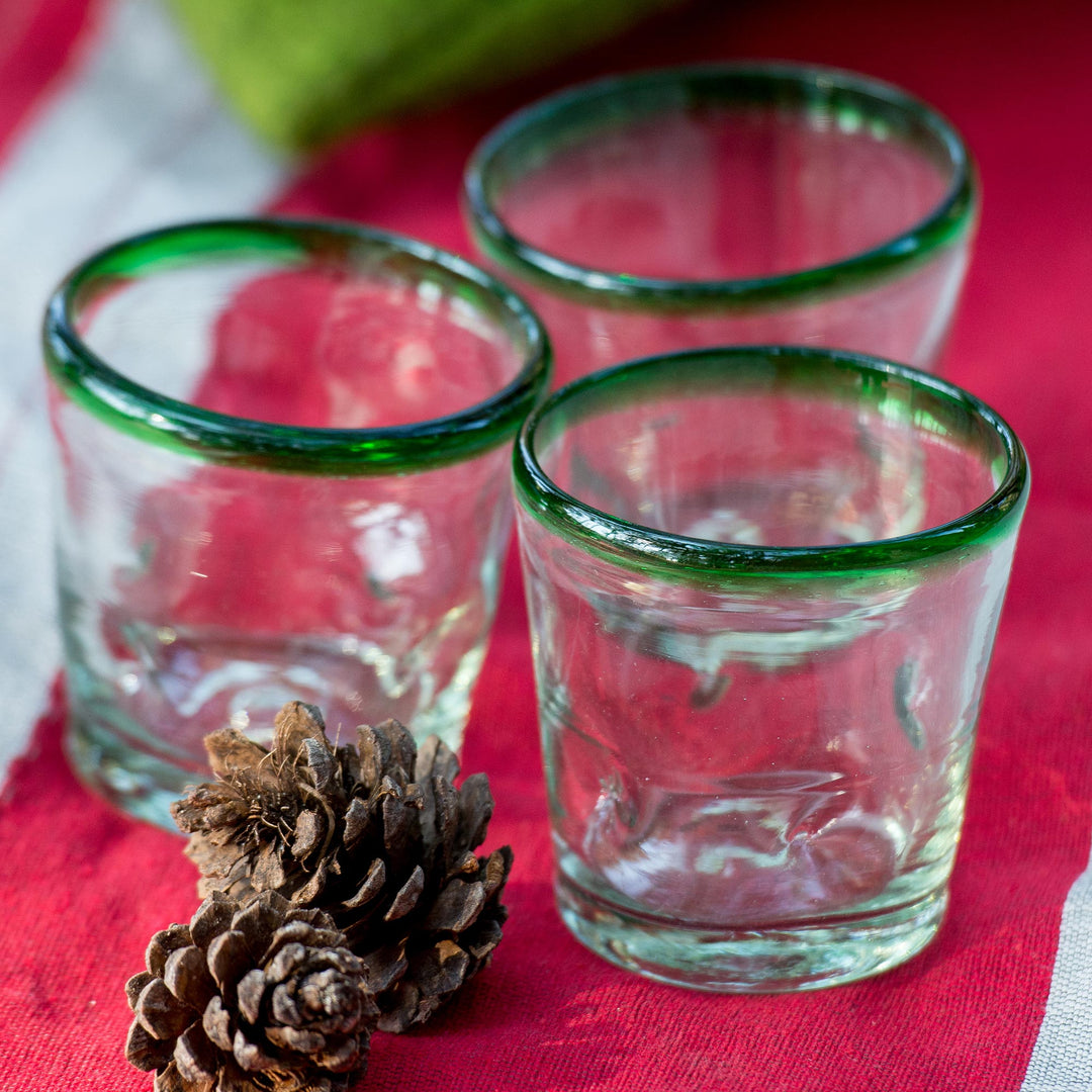 Handblown Glass Recycled Tumbler Juice Glasses Set of 6 - Emerald Rim