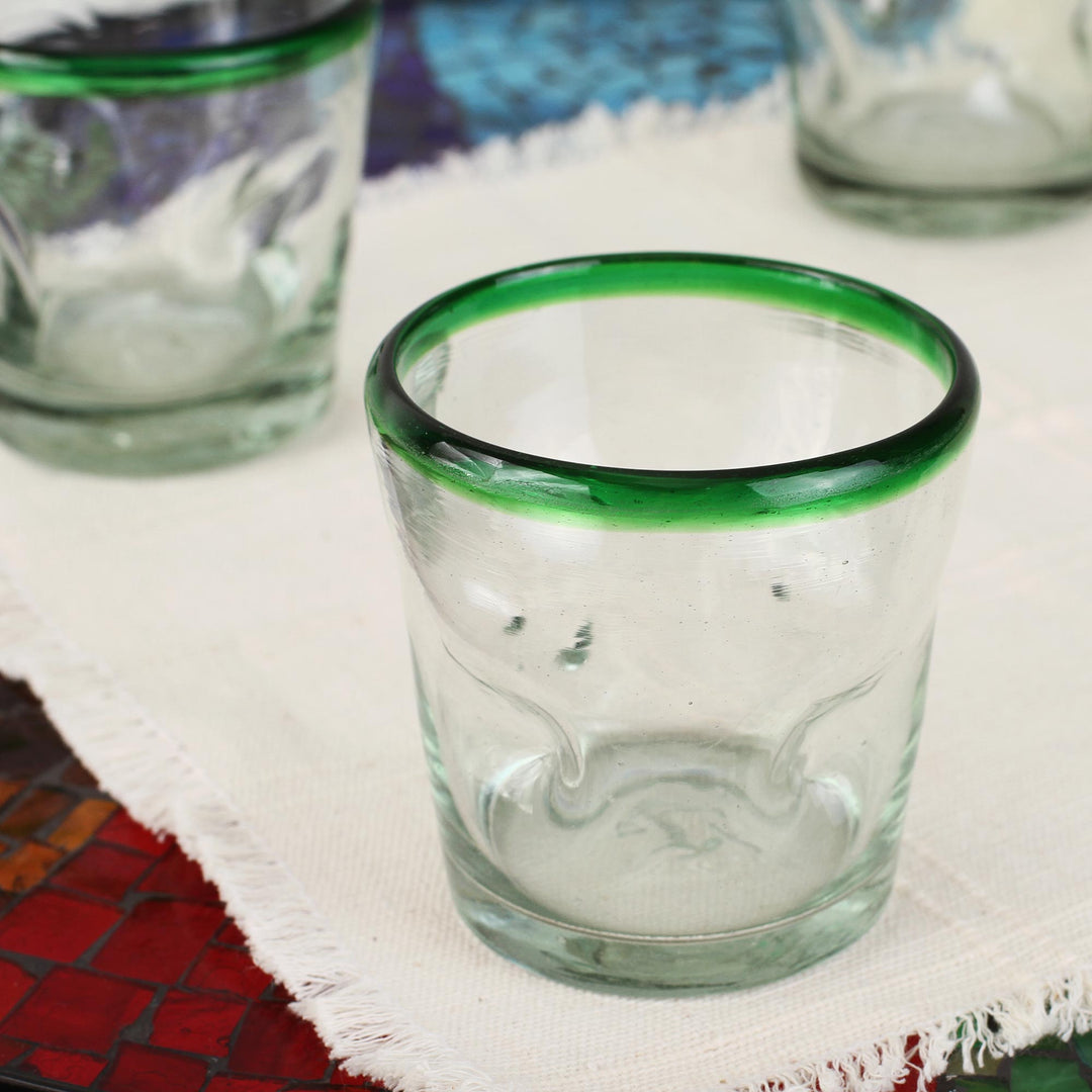 Handblown Glass Recycled Tumbler Juice Glasses Set of 6 - Emerald Rim