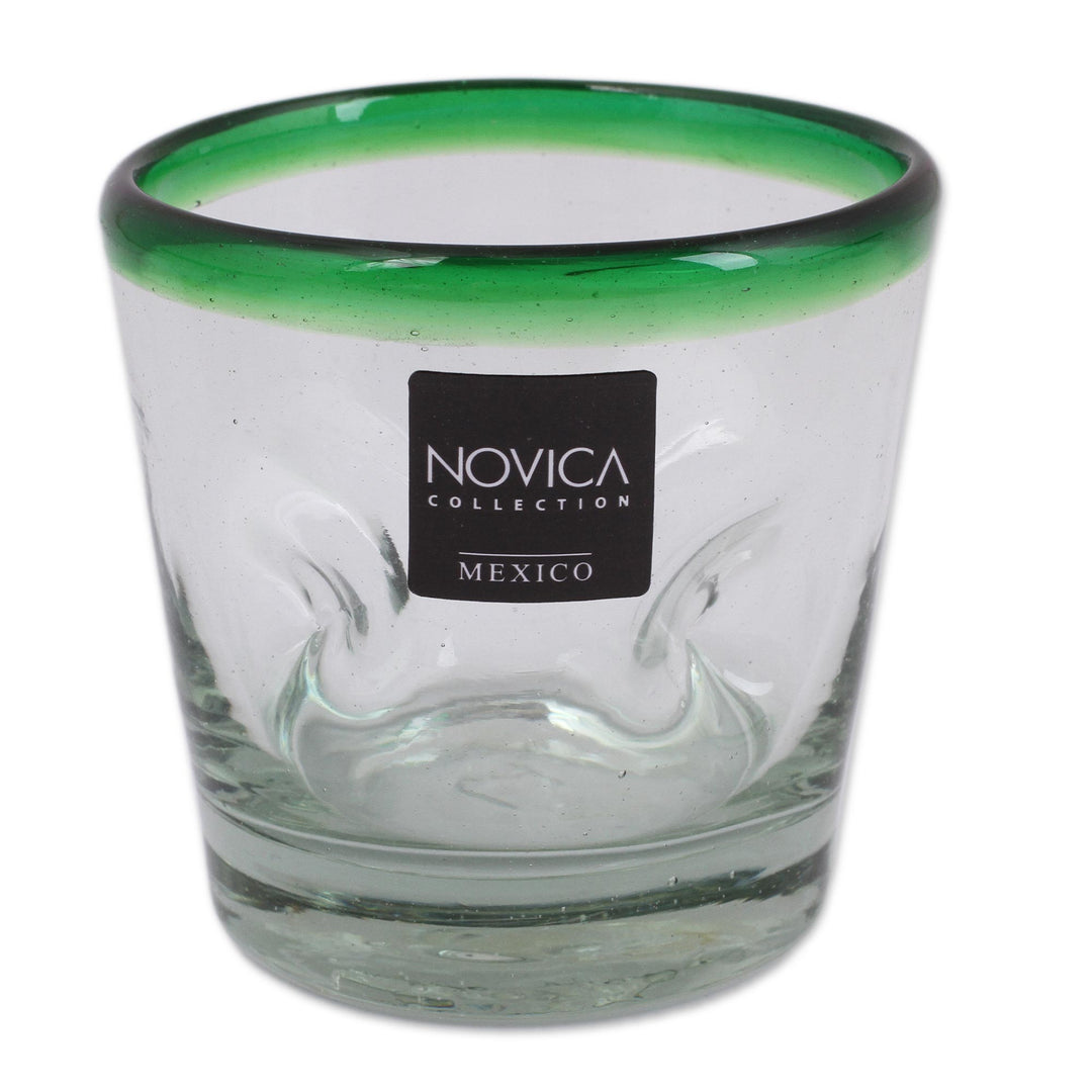 Handblown Glass Recycled Tumbler Juice Glasses Set of 6 - Emerald Rim