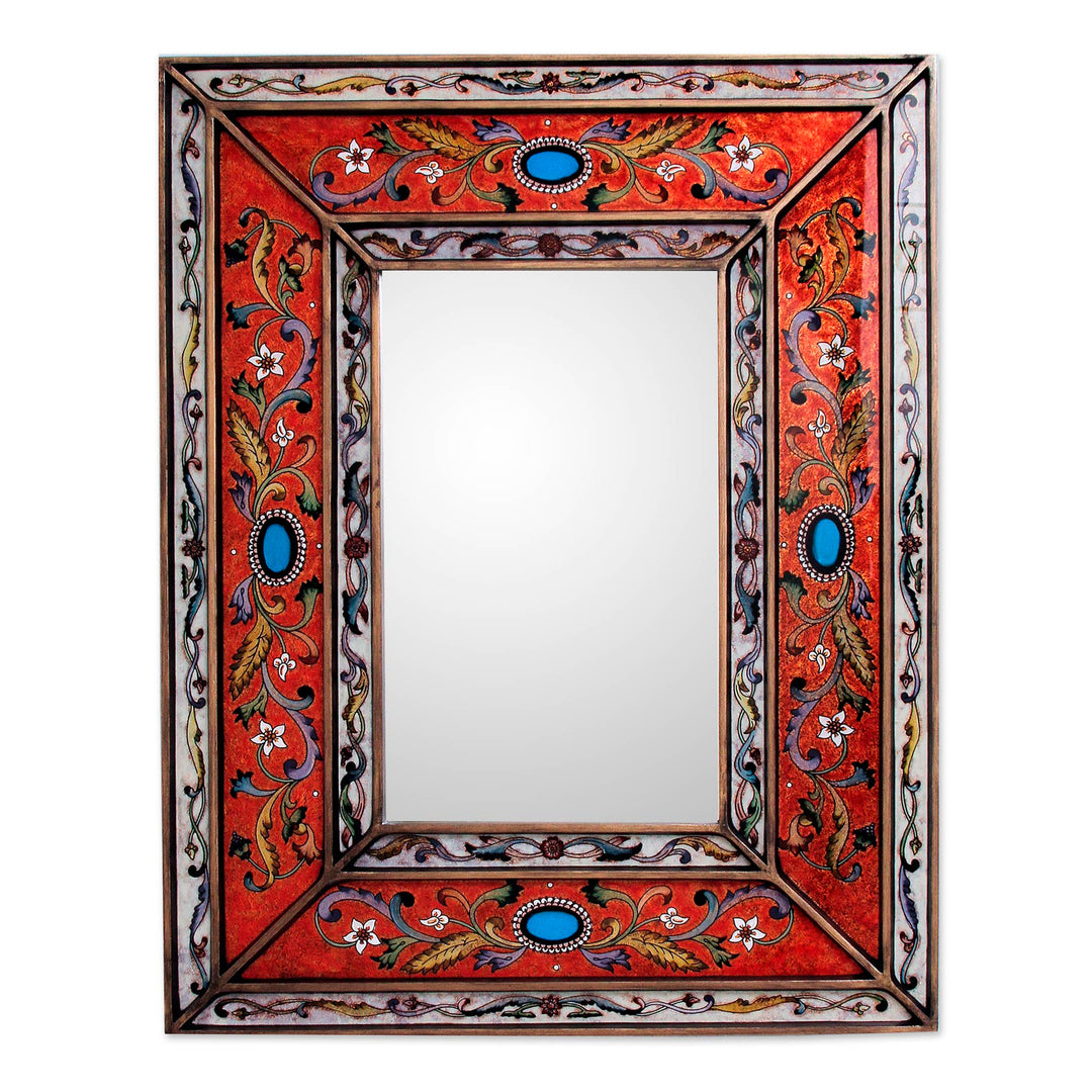 Rectangular Reverse Painted Glass Wall Mirror from Peru - Orange Cajamarca Warmth