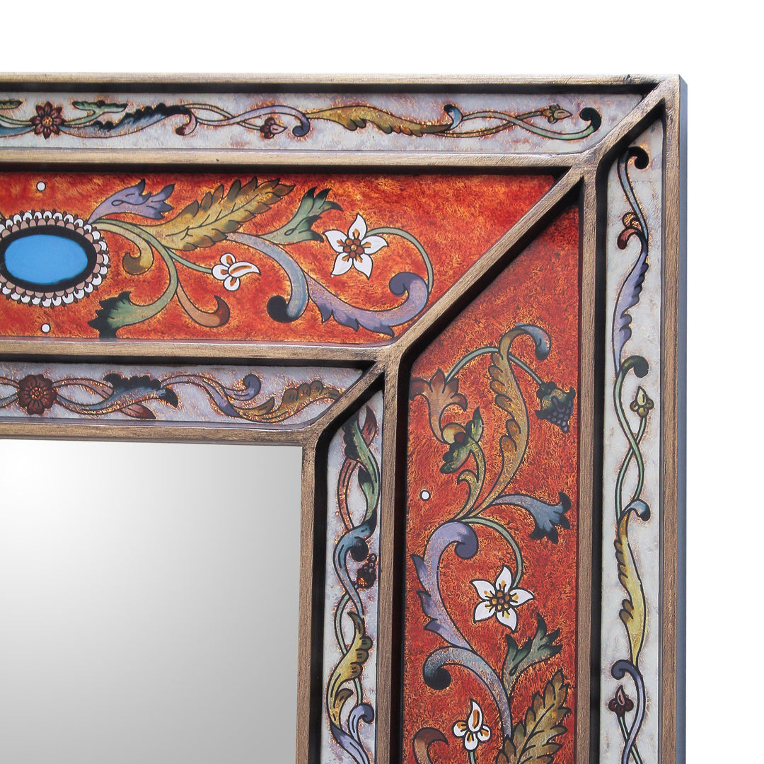 Rectangular Reverse Painted Glass Wall Mirror from Peru - Orange Cajamarca Warmth