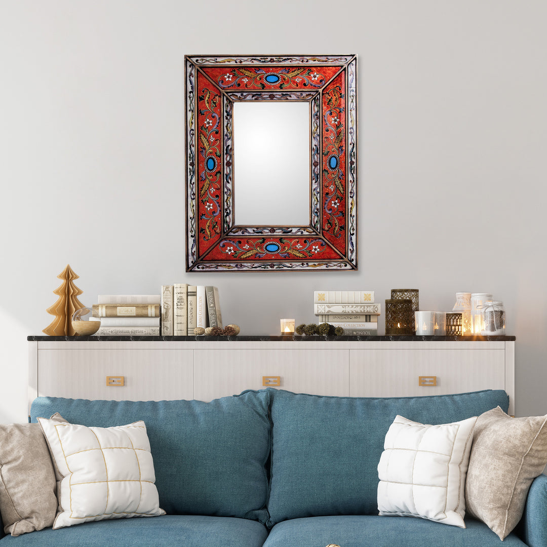 Rectangular Reverse Painted Glass Wall Mirror from Peru - Orange Cajamarca Warmth