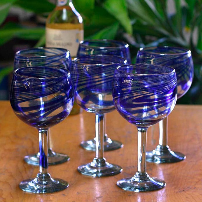 Handblown Eco-Friendly Wine Glasses in Blue (Set of 6) - Blue Ribbon