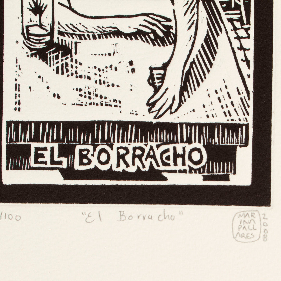 Mexico Folk Art Theme Signed Black and White Etching - The Drunk Tequila Lotto