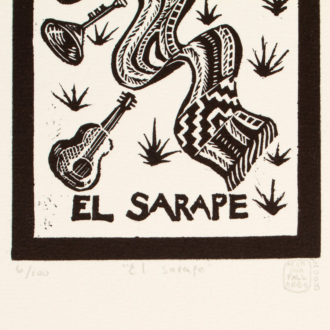 Mexico Folk Art Theme Signed Black and White Painting Print - The Sarape Tequila Lotto