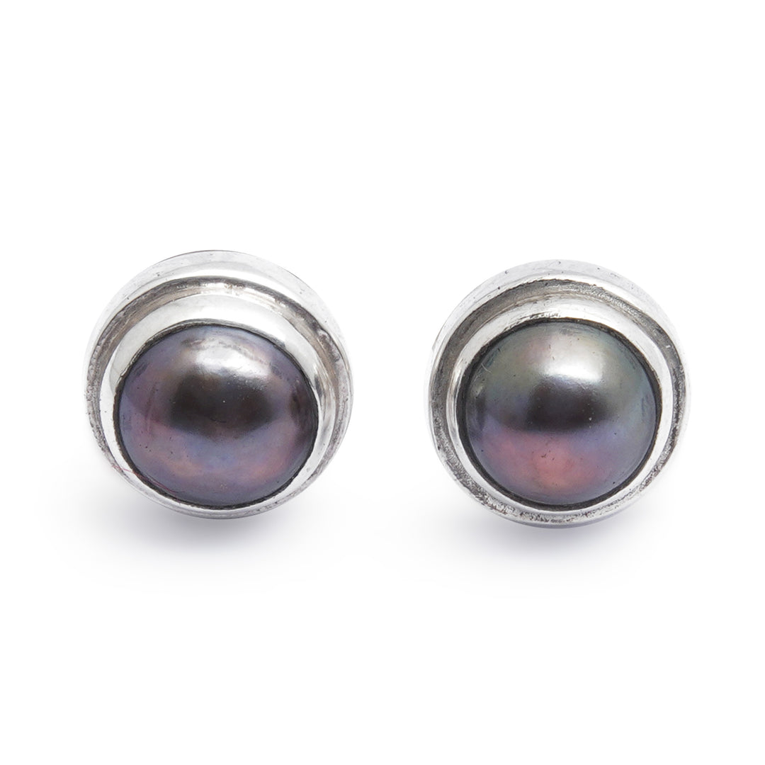 Handmade Gray Pearl Sterling Silver Earrings - Eclipsed Moon