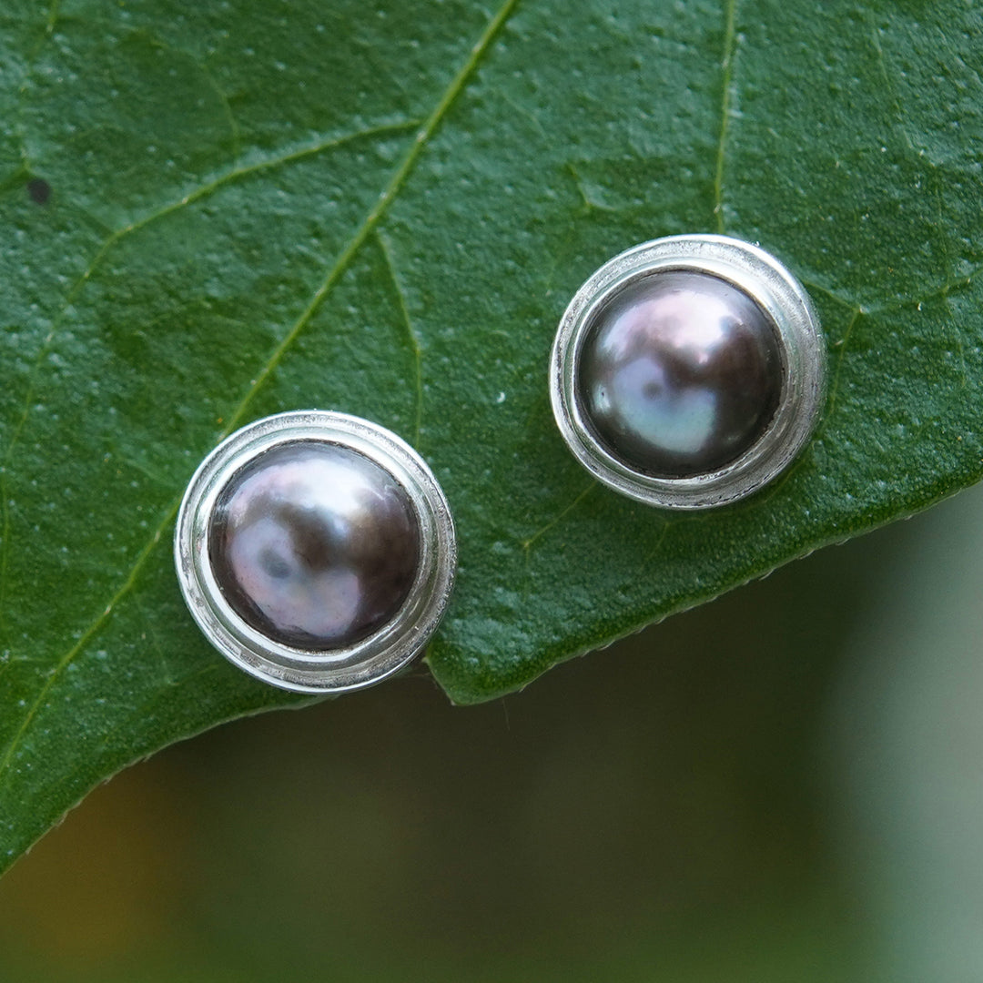 Handmade Gray Pearl Sterling Silver Earrings - Eclipsed Moon