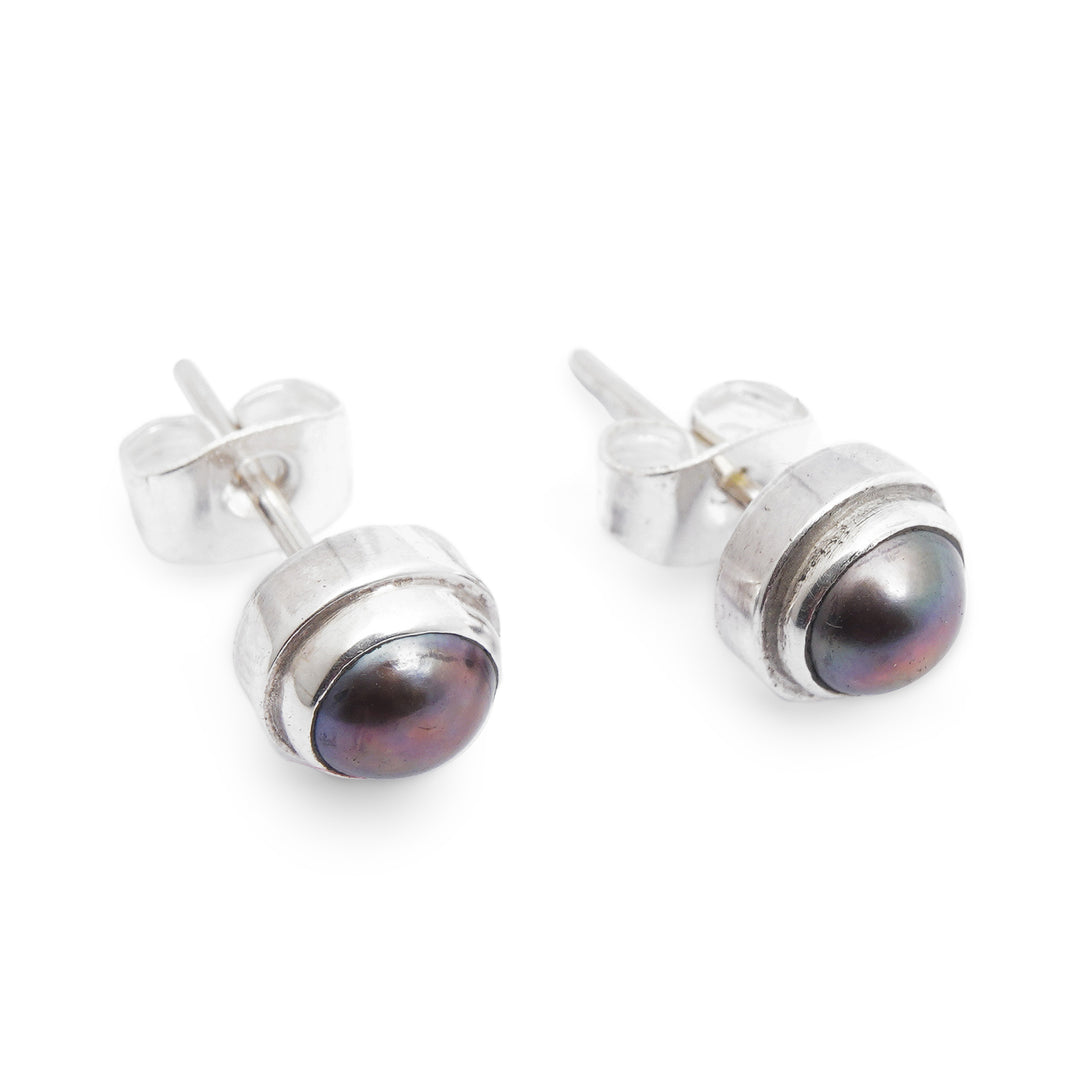 Handmade Gray Pearl Sterling Silver Earrings - Eclipsed Moon