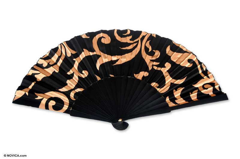 Silk batik fan - Black Bali Glory