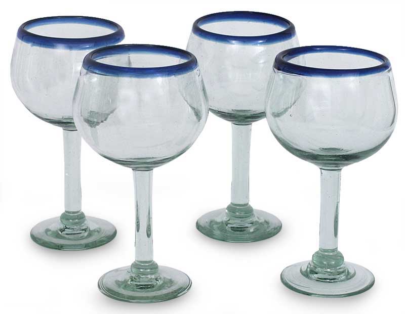 Handblown Recycled Glass Blue and Clear Wine Glasses For 4 - Cobalt Classics