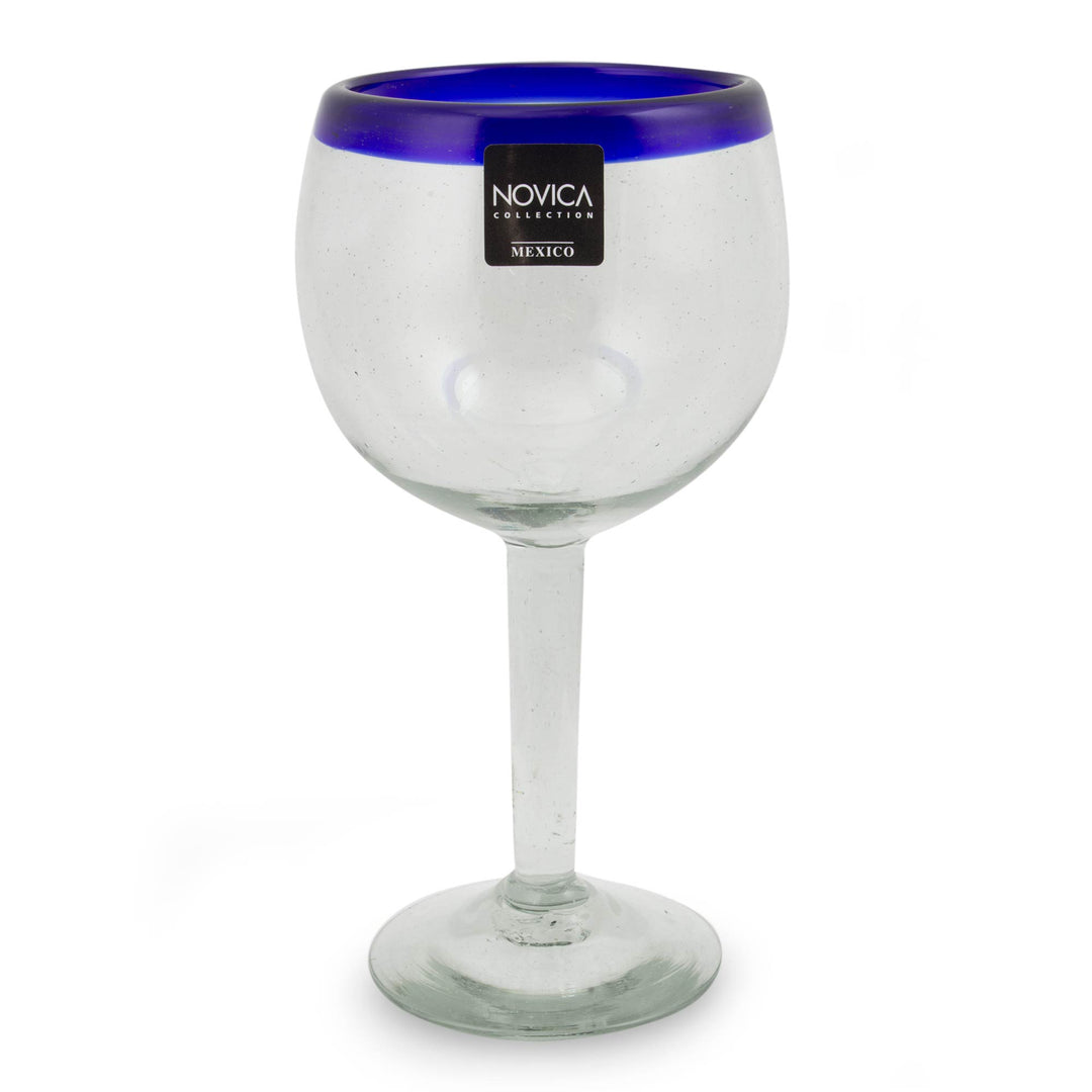 Handblown Recycled Glass Blue and Clear Wine Glasses For 4 - Cobalt Classics
