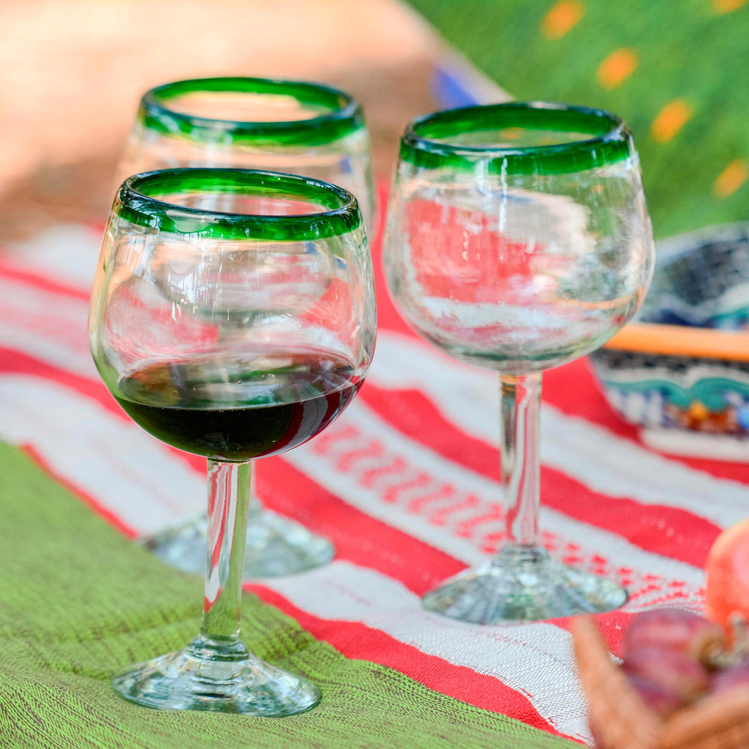 Hand Blown Green Rim Wine Glasses Set of 4 Mexico - Lime Globe