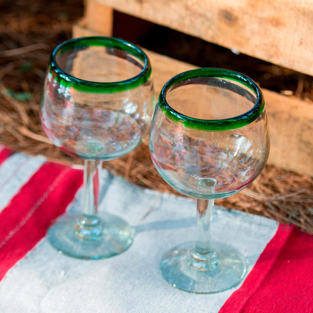 Hand Blown Green Rim Wine Glasses Set of 4 Mexico - Lime Globe