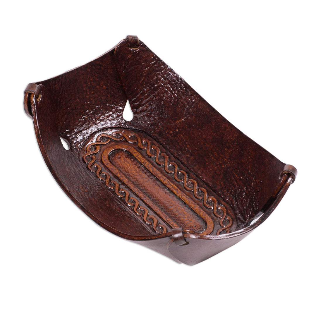 Peruvian Dark brown Hand Tooled Leather Catchall - Lasso Labyrinth