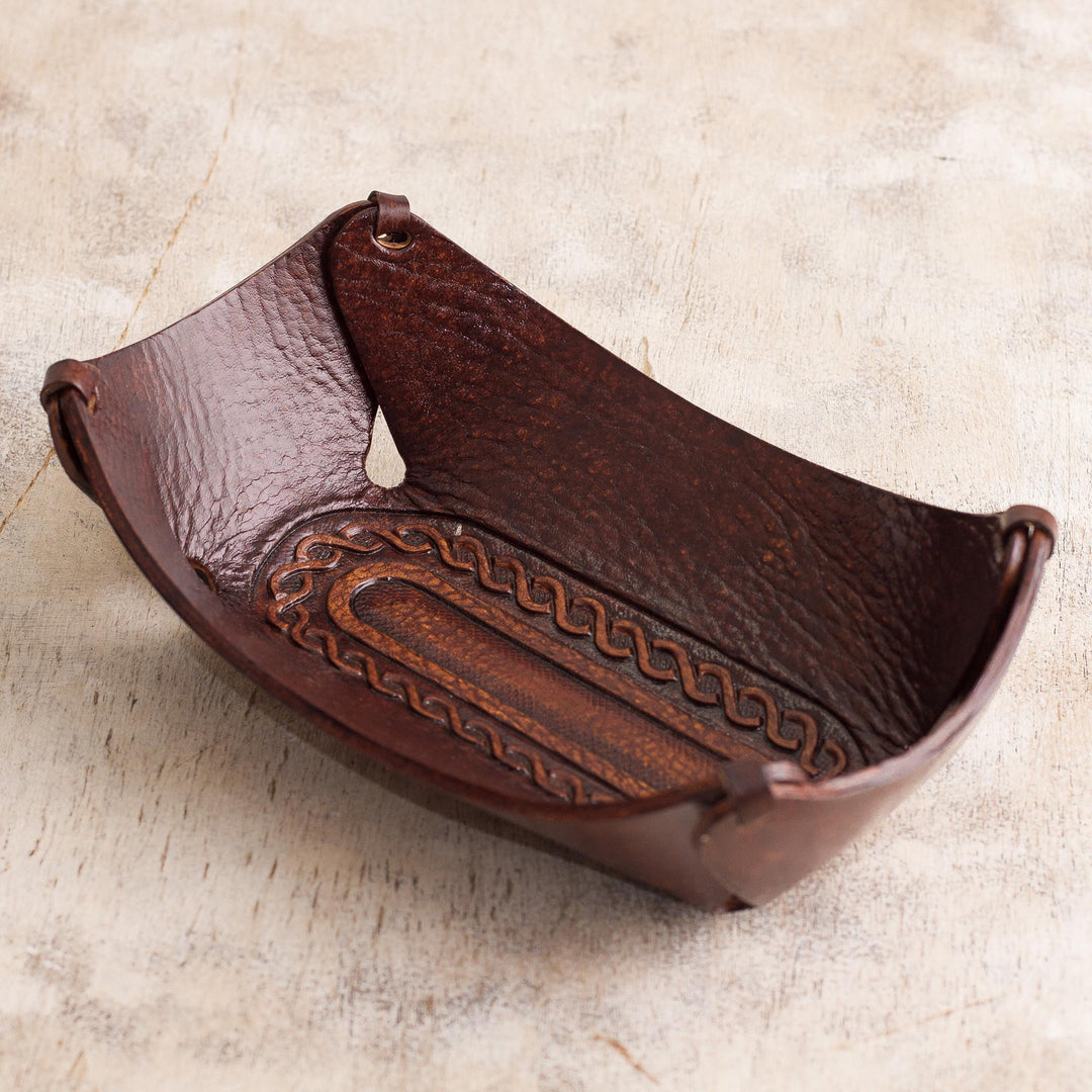 Peruvian Dark brown Hand Tooled Leather Catchall - Lasso Labyrinth