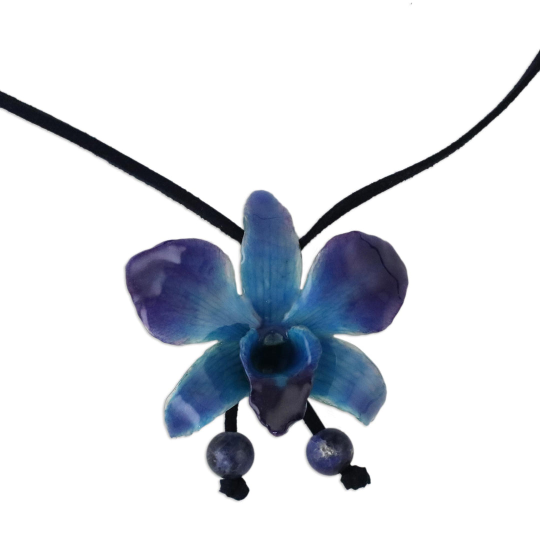 Natural Flower Lariat Necklace - Midnight Blue