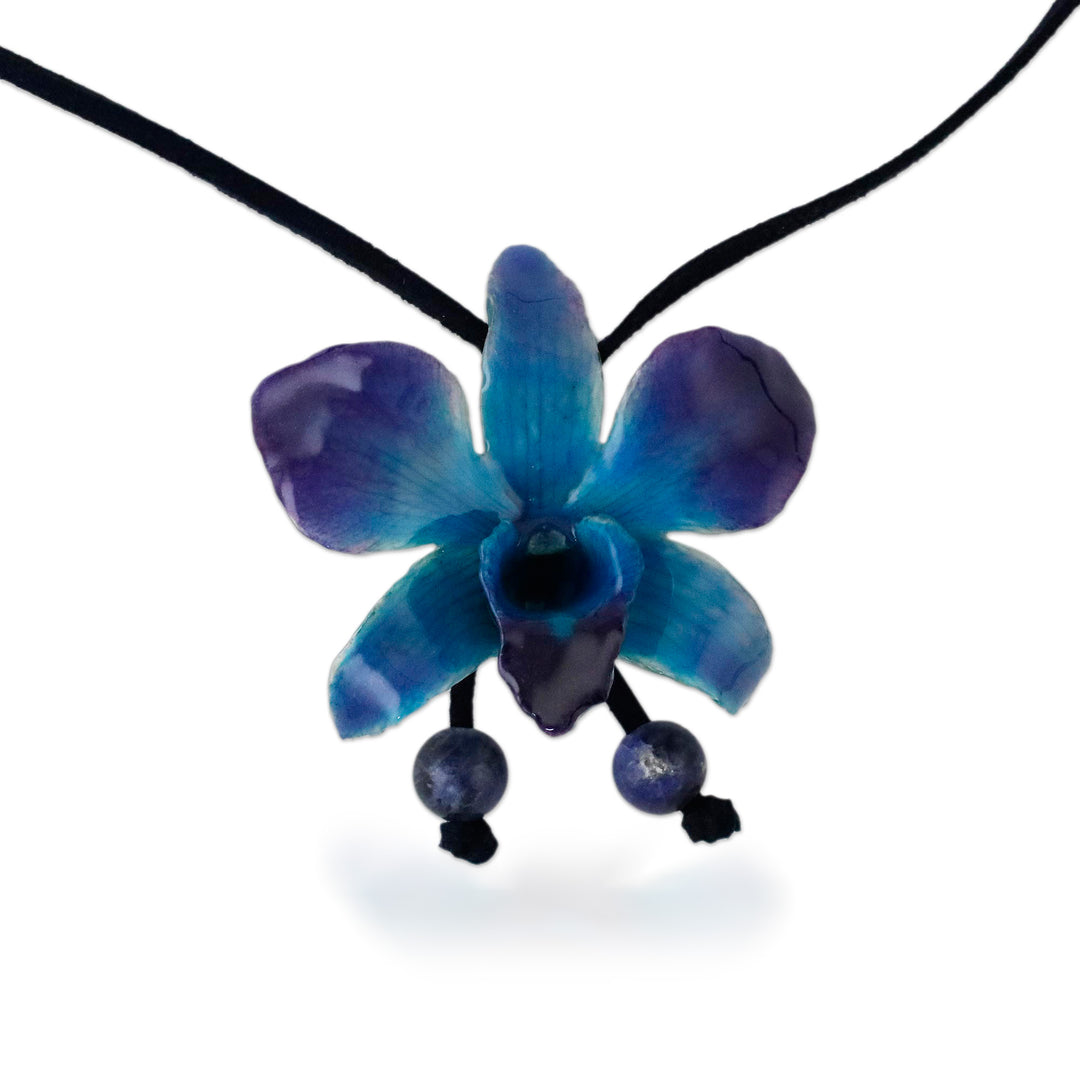 Natural Flower Lariat Necklace - Midnight Blue