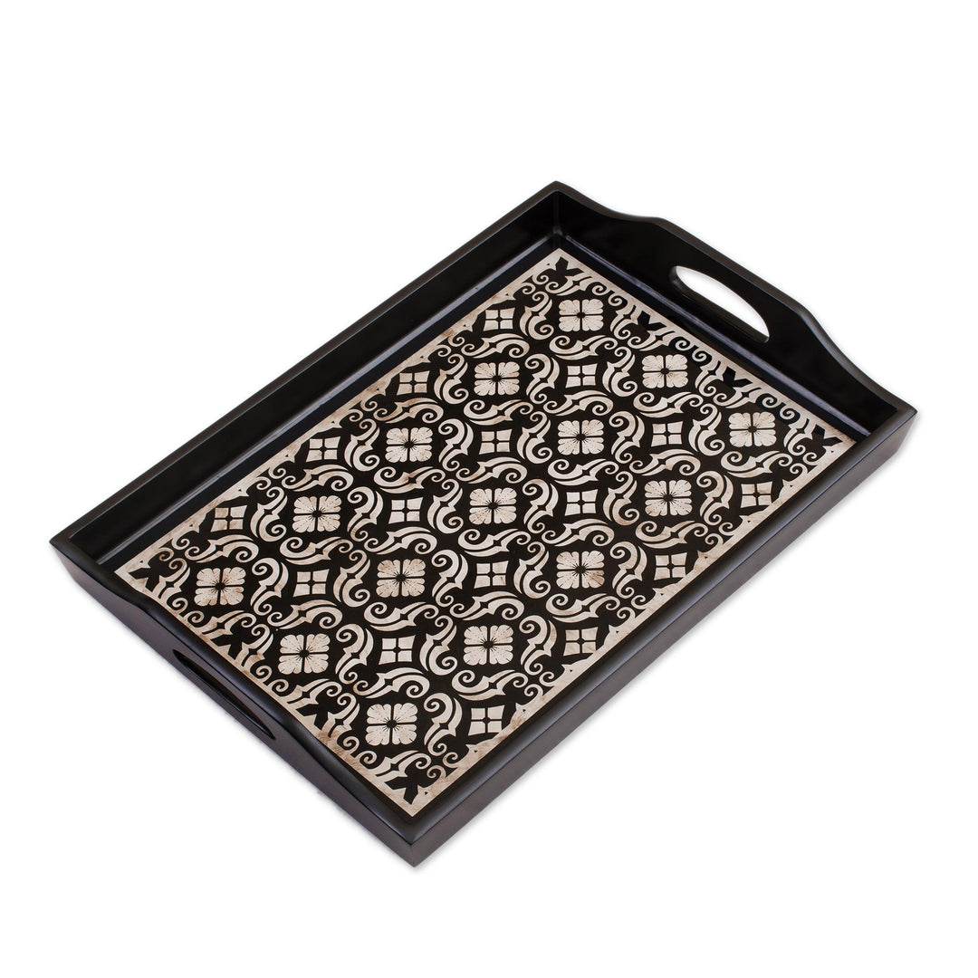 Handmade Black Reverse Painted Glass Serving Tray - Floral Muse