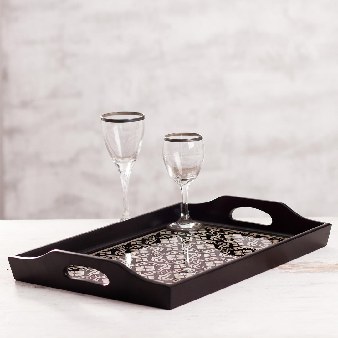 Handmade Black Reverse Painted Glass Serving Tray - Floral Muse