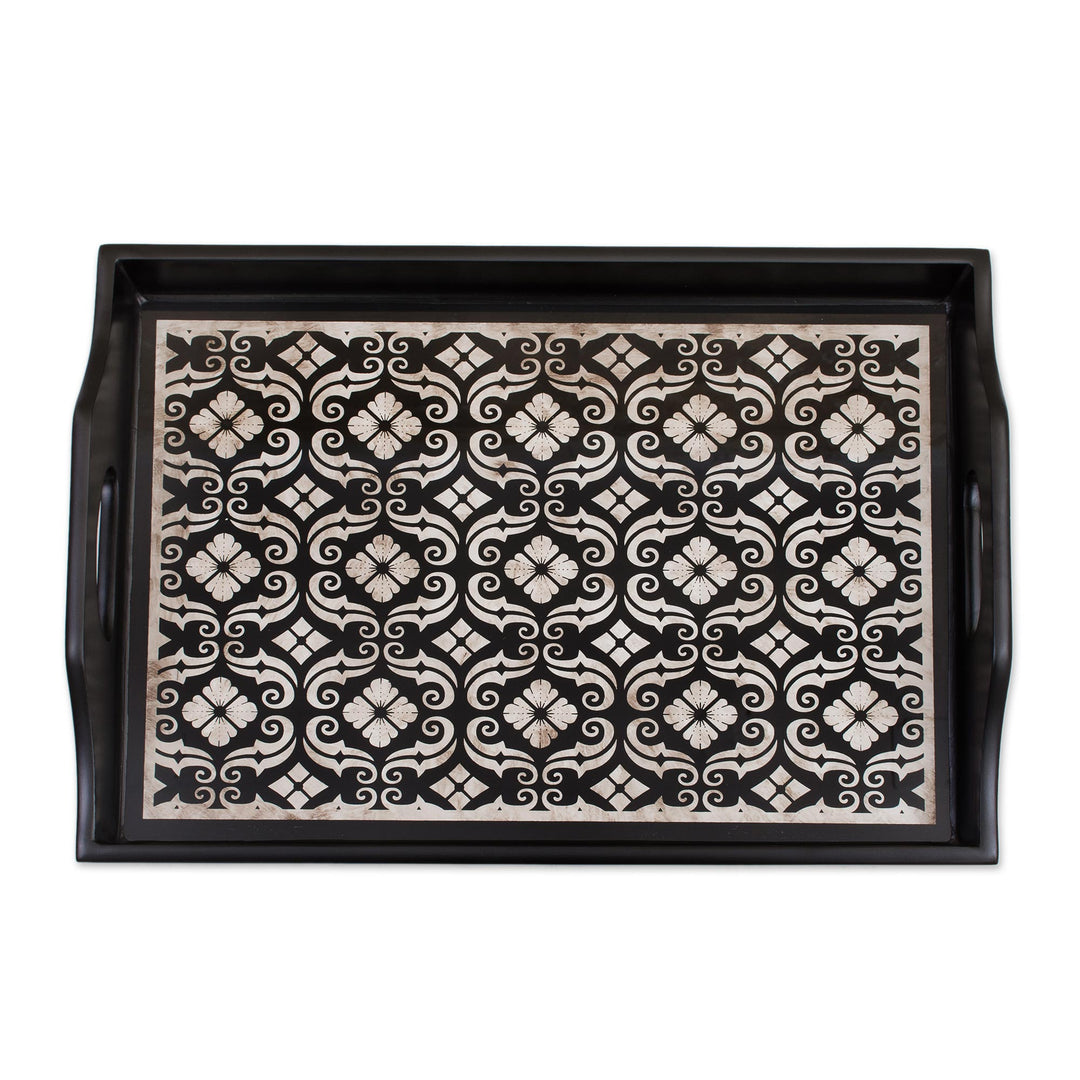 Handmade Black Reverse Painted Glass Serving Tray - Floral Muse