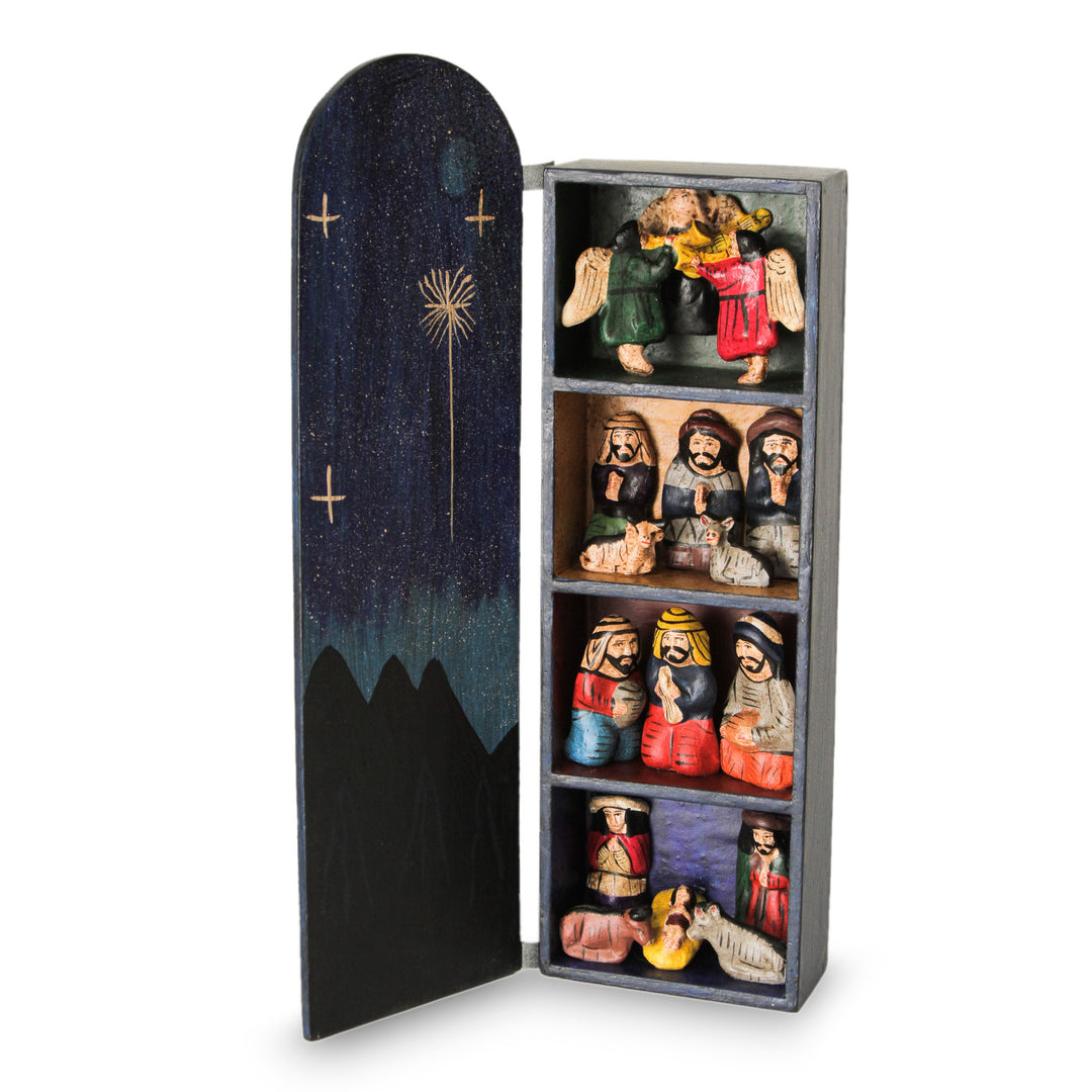 Handmade Wood Retablo Diorama Peruvian Folk Art - Blue Nativity