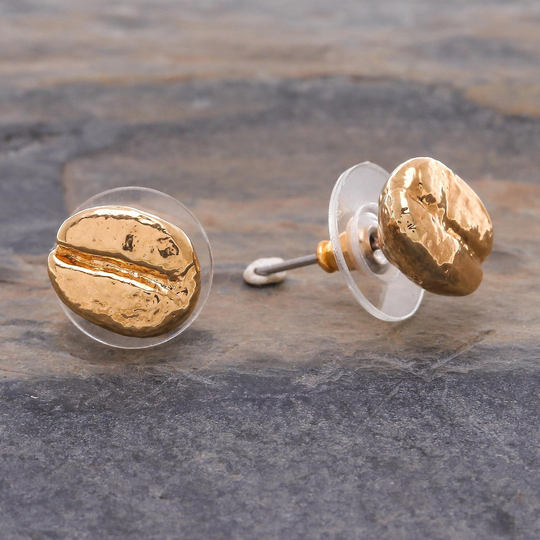 Gold plated natural coffee bean button earrings - Morning Sunshine
