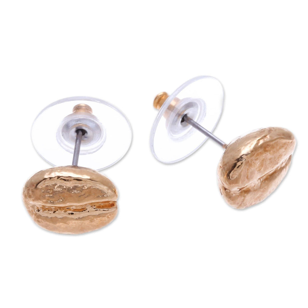 Gold plated natural coffee bean button earrings - Morning Sunshine