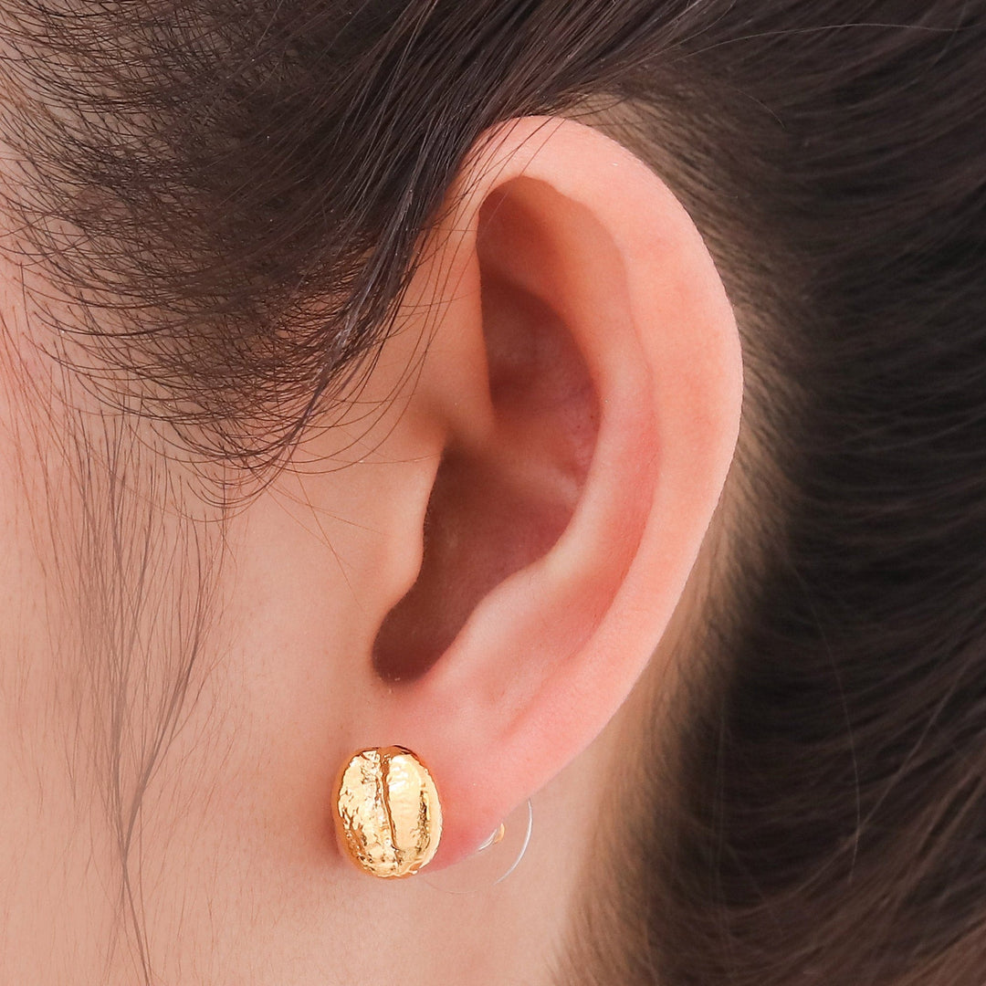 Gold plated natural coffee bean button earrings - Morning Sunshine