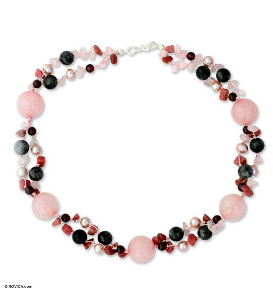 Beaded Rose Quartz and Pearl Strand Necklace - Pink Exuberance