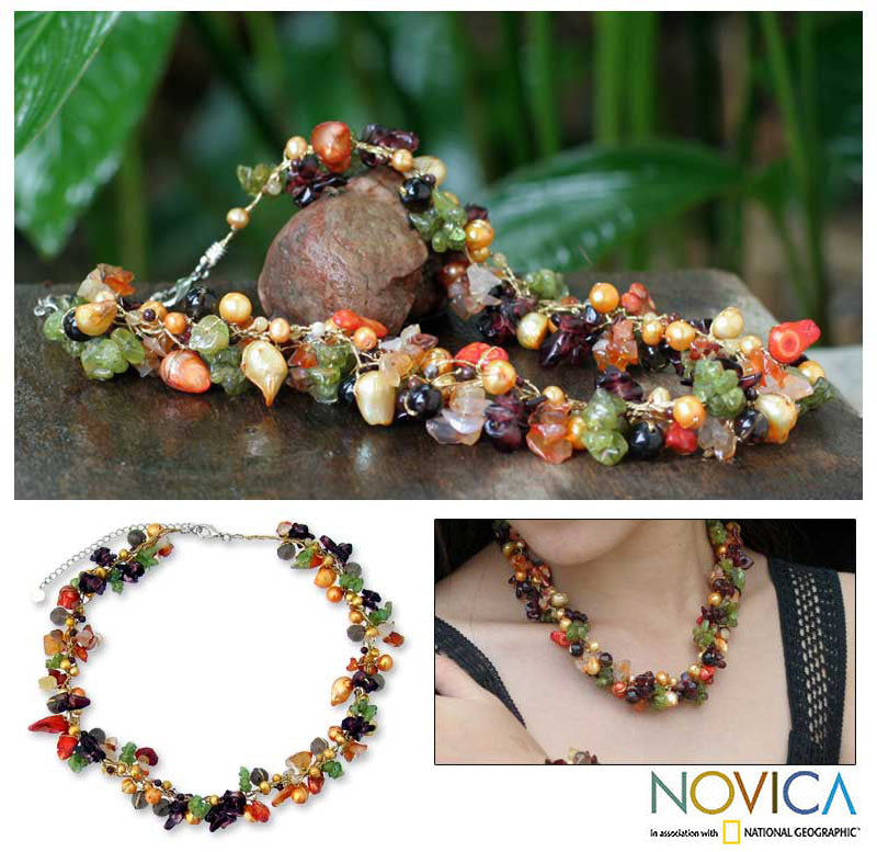 Colorful Multi Gemstone Beaded Necklace - Sweet Floral Cascade