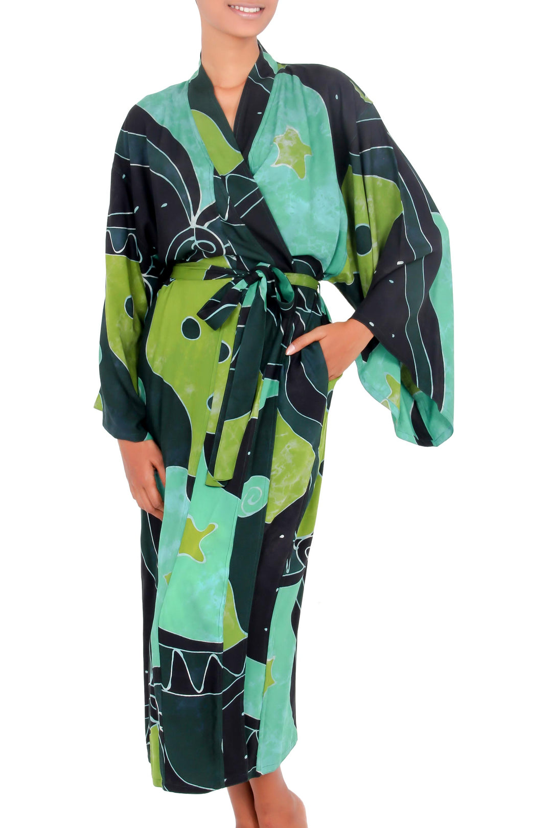 Women's Fair Trade Batik Robe - Emerald Birds