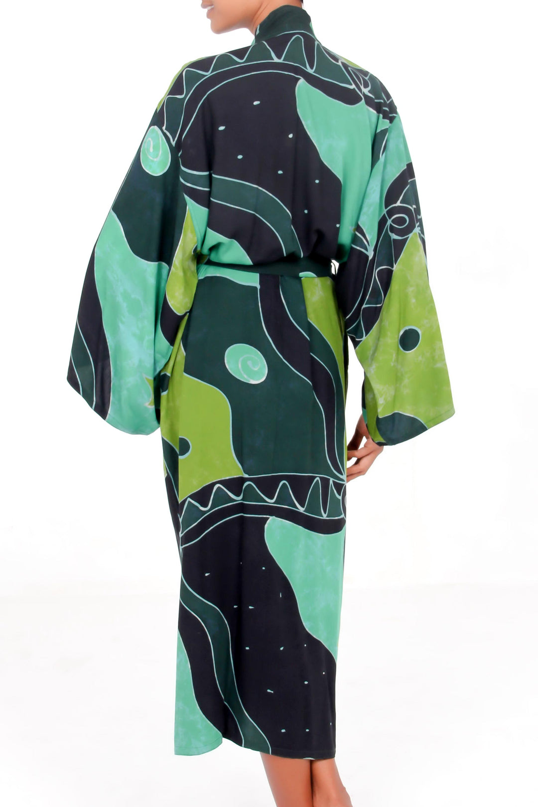 Women's Fair Trade Batik Robe - Emerald Birds