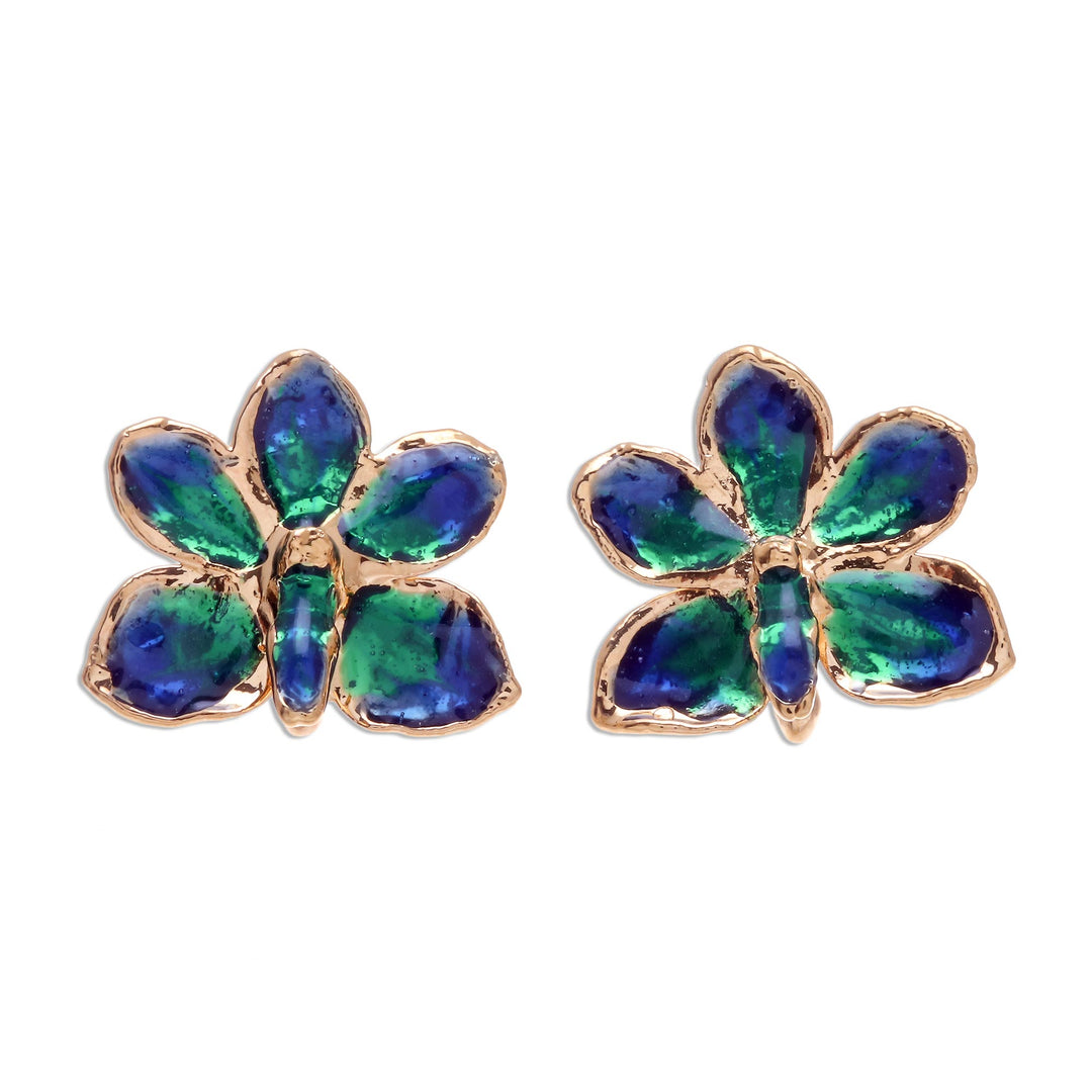 Natural orchid gold-plated flower earrings - Aqua Perfection