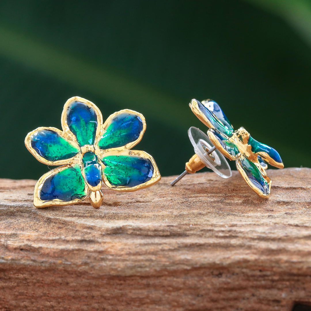 Natural orchid gold-plated flower earrings - Aqua Perfection