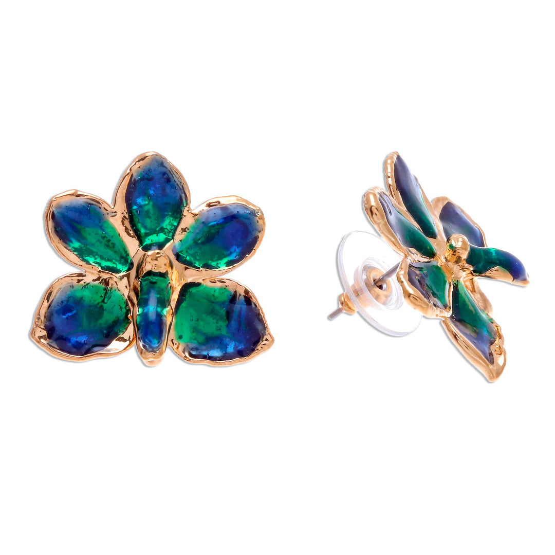 Natural orchid gold-plated flower earrings - Aqua Perfection