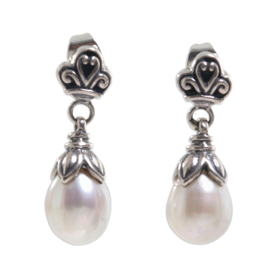 Sterling Silver Pearl Dangle Earrings - White Lotus Bud