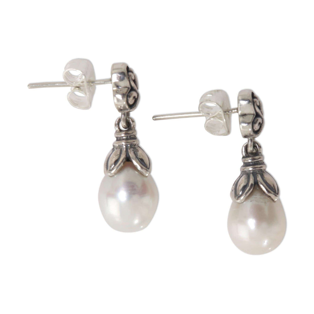 Sterling Silver Pearl Dangle Earrings - White Lotus Bud