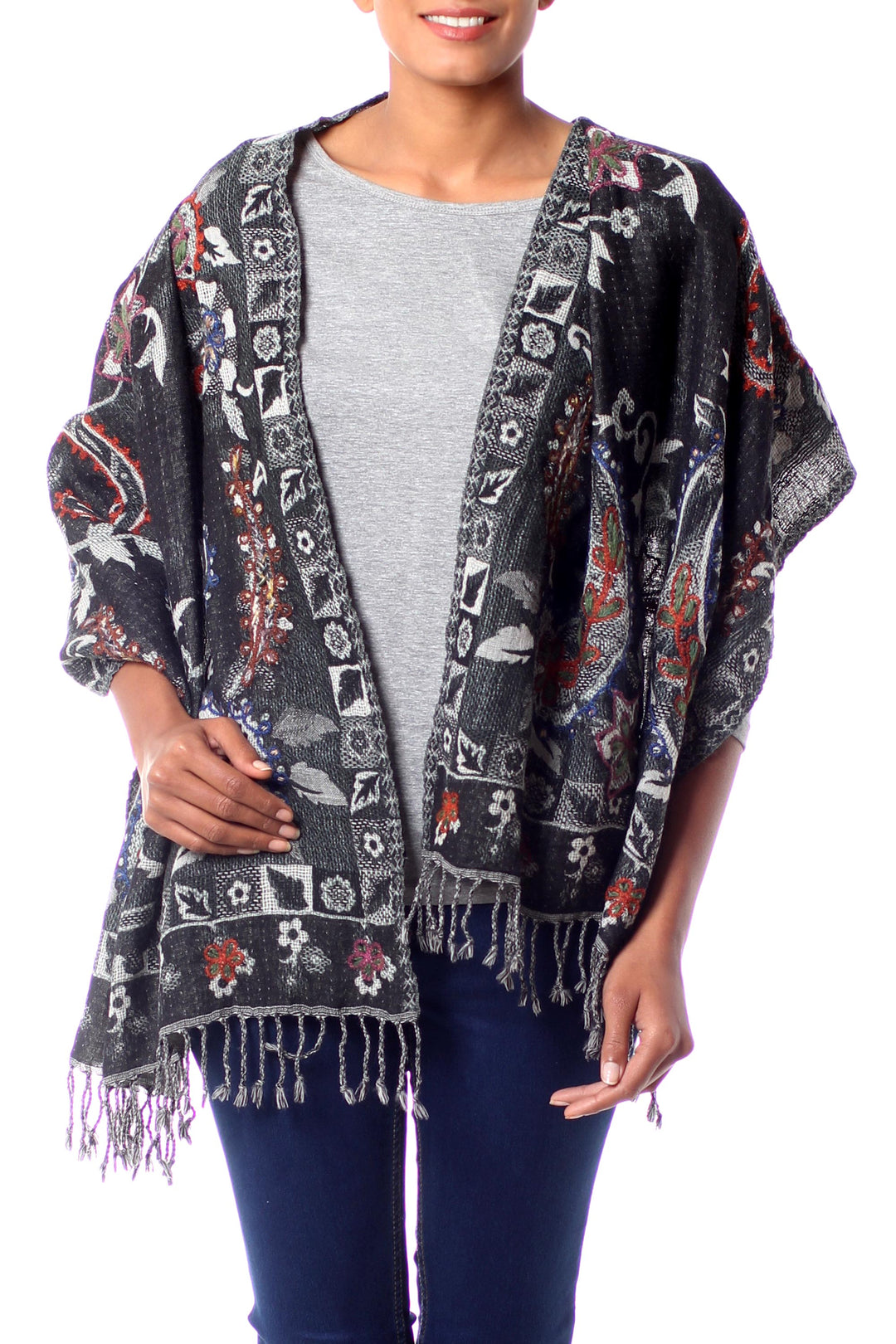 Fair Trade Floral Wool Embroidered Wrap Shawl - Eventide